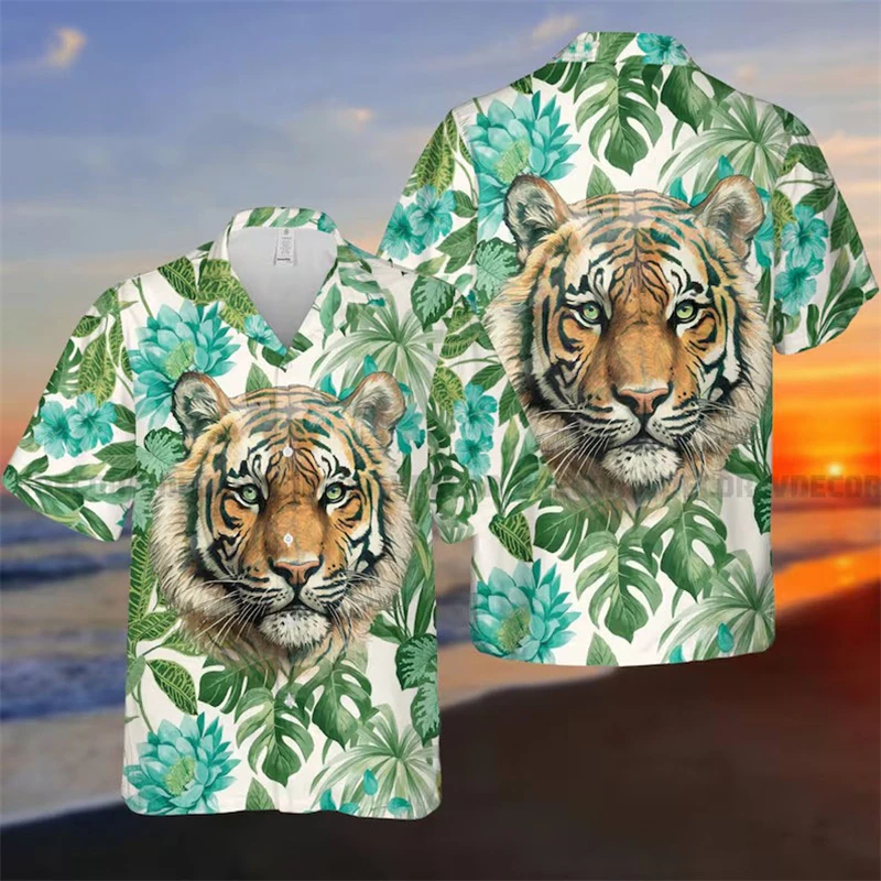 thumbnail image 1 of Camisas con estampado de tigre dominante para hombres, ropa punk, blusas con estampado 3D de animales y gatos, blusas hawaianas con solapa y botones, 1 of 5