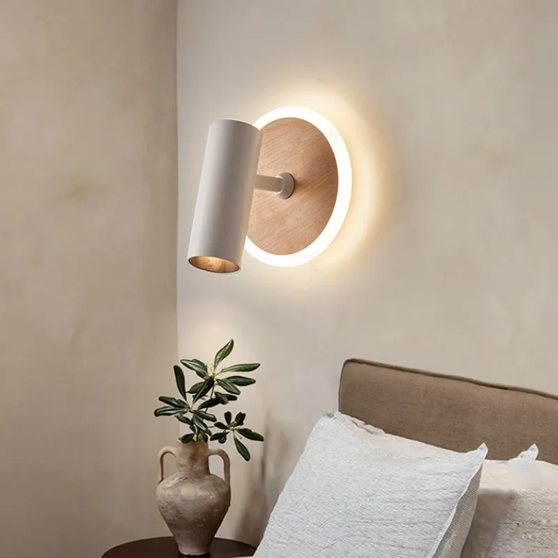 Nordic Swivel Reading LED Wall Lamp White Round Rotary Spotlights Bedside Ambient Sconces Home Decoration Wabi-sabi Wall Light