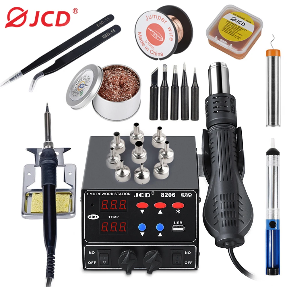 

JCD 8206 SMD Soldering Station Quick Heat 3 in 1 Heat Gun 800W USB Interface LED Display Solder Iron BGA Rework Welding Station