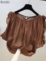 ZANZEA Women Cold Shoulder Blouses Fashion Ruffled Half Sleeve Tops 2024 Back Straps Pleated Tunics Summer Casual Loose Shirts - Image 3