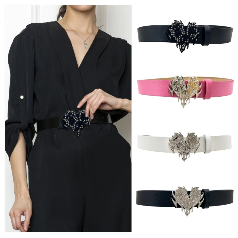 Love Buckles Belt for Women Rhinestones Buckles Waist Belt for Teens Girl PU Leather Women Jeans Pants