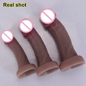 Big Glans New Dark Skin Feeling Realistic Dildos Double Layer Silicone Soft Penis Suction Cup Anal Sex Toys For Women Cheap Cock 6