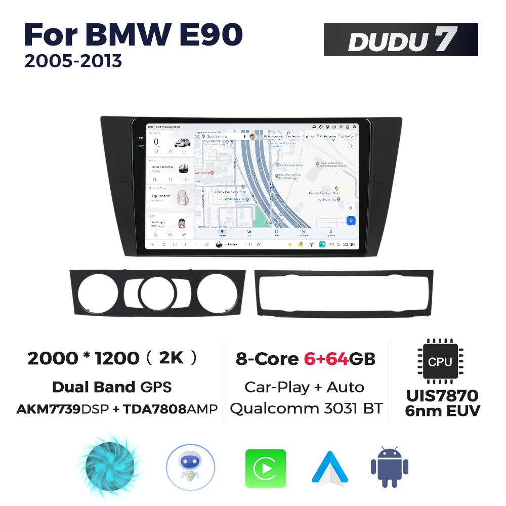 thumbnail image 1 of DUDUAUTO DUDU 7 Android 13 A7870 Radio estéreo para automóvil con CarPlay inalámbrico Reproductor multimedia Navegación GPS BT5.1 para BMW E90 2005-2013, 1 of 5