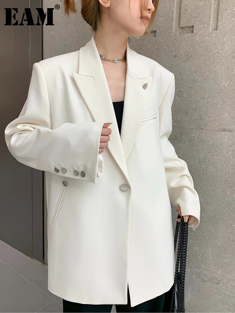 

[EAM] Women White Brief Big Size Casual Blazer New Lapel Long Sleeve Loose Fit Jacket Fashion Tide Spring Autumn 2024 1DF6843