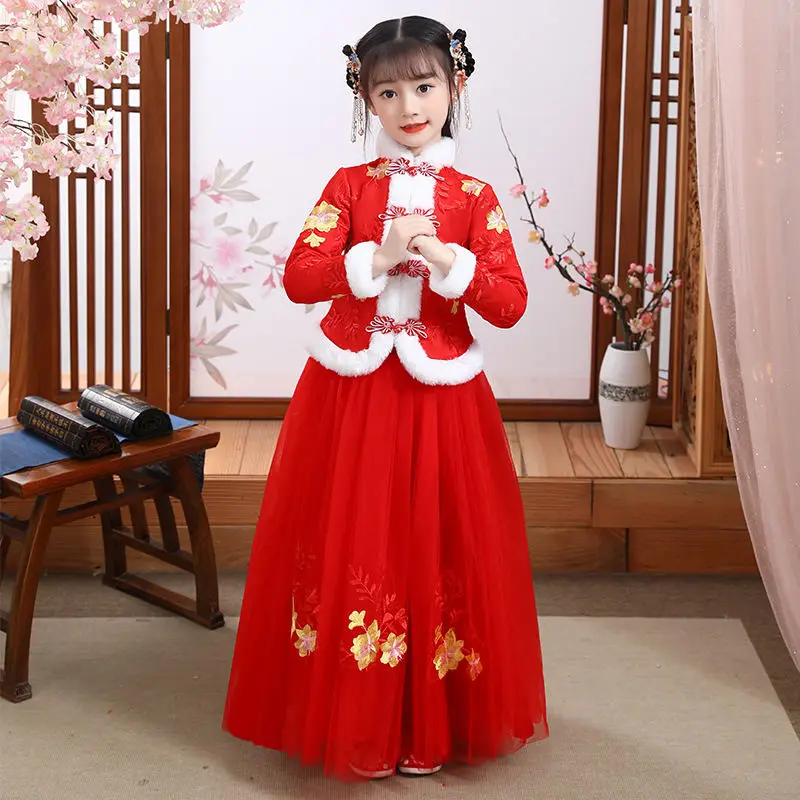 Winter Girls Red Tang Suit White Shirt Pleated Skirt & Tweed Coat 3 Pieces Set Hanfu Costume Orienatl Ancient Princess Clothings