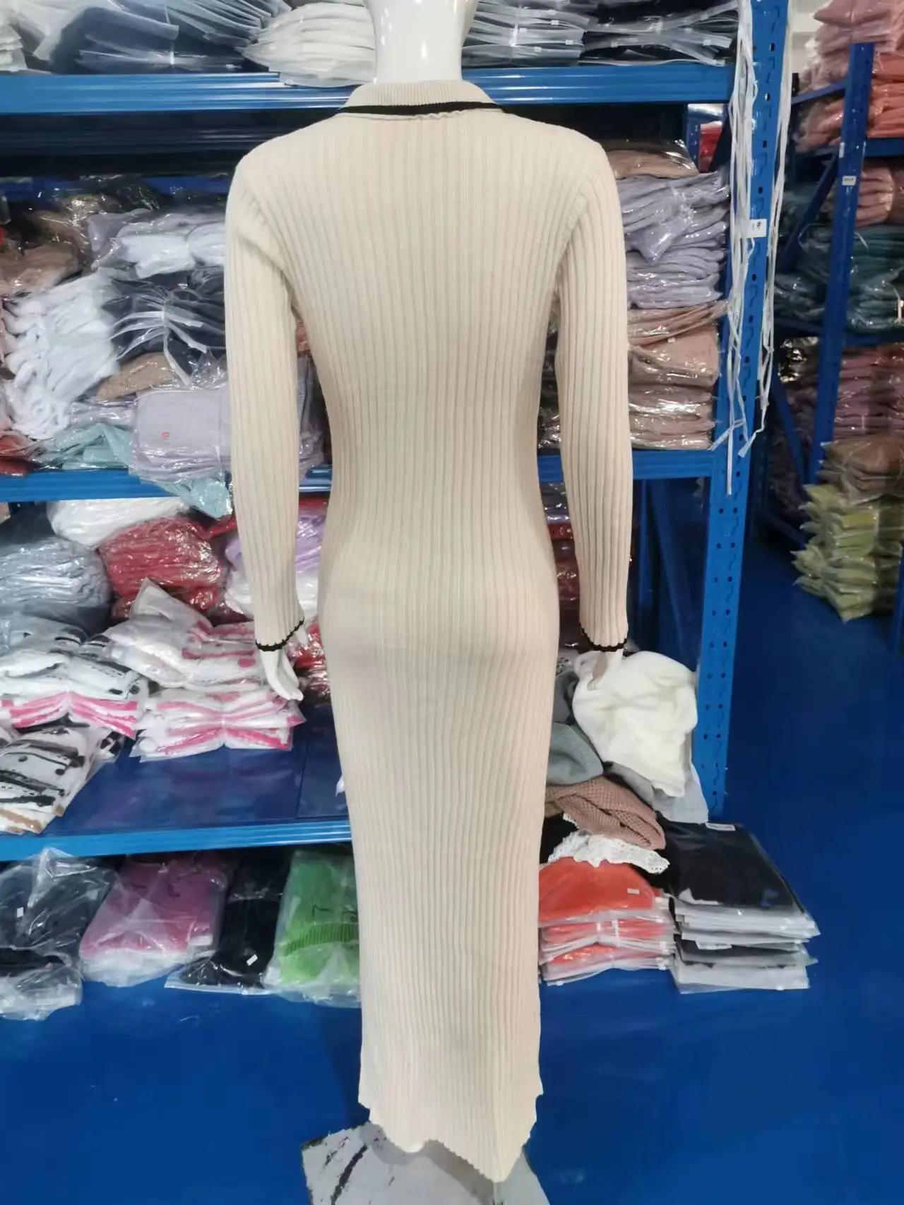 Female Slim Knit Maxi Dress Patchwork Elegant Lapel Contrast Casual Dress High Waist Knitwear Party Dress Autumn Outfit
