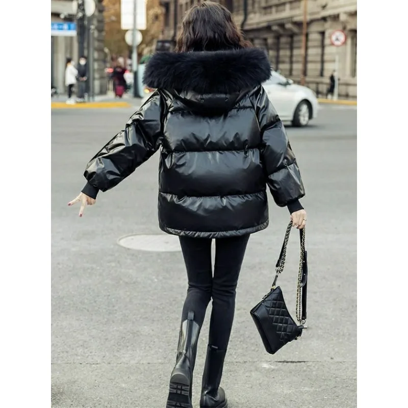 2023 New Women Down Bread Jacket Winter Coat Female Short Parkas Loose Thick Glossy Outwear Artificial Fur Collar Overcoat