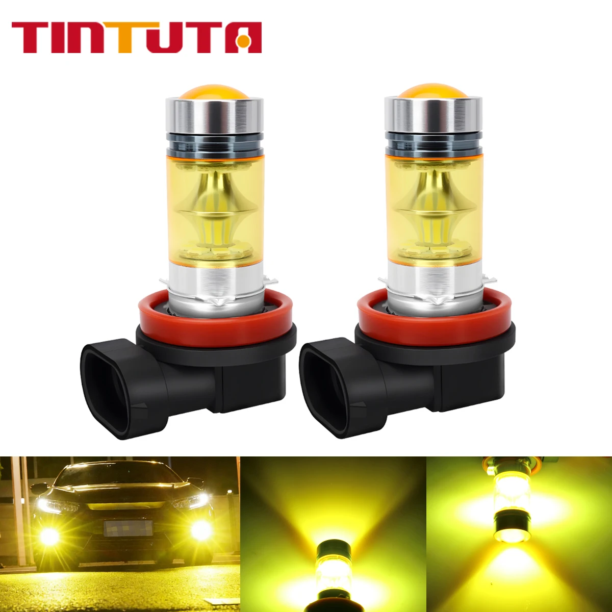 2개입 H11 LED 자동차 안개등 전구 고휘도 헤드라이트 DRL 주간 주행등 12V 플러그 앤 플레이 자동차용 노란색 흰색