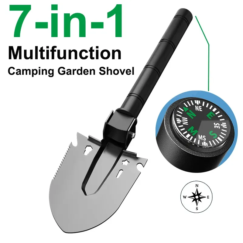 Portable Folding Gardening Shovel 7-in-1 Outdoor Multifunction Camping Shovel with Compass&Saw&Bottle Opener for Survival Kit