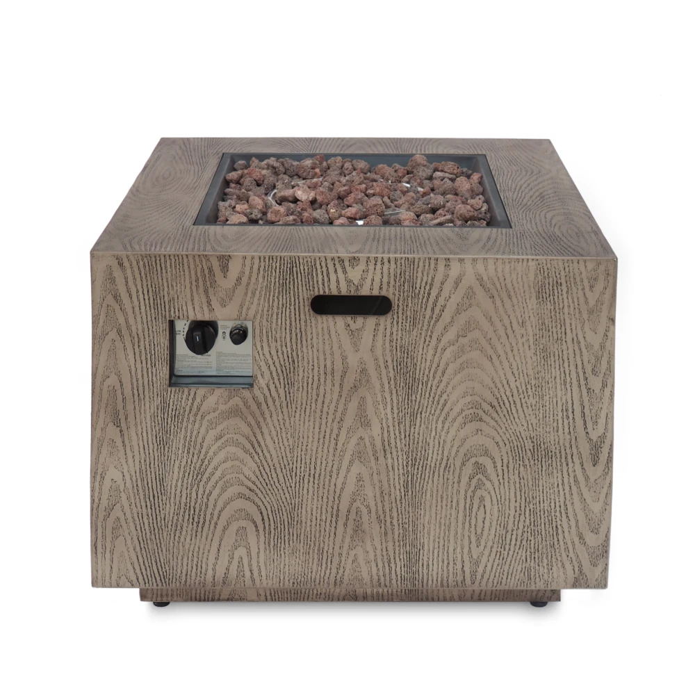 Outdoor Patio Gas Burning Fire Pit-50, 000 BTU Tank Inside, Square, Iron Wood Pattern, Brown