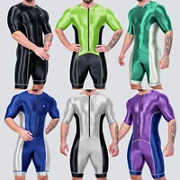 AMORESY Men Satin Glossy Oil Catsuit Swimming Running Half Sleeve Bodysuits Racing Cycling Tracksuits Overalls Fitness Jumpsuits 1