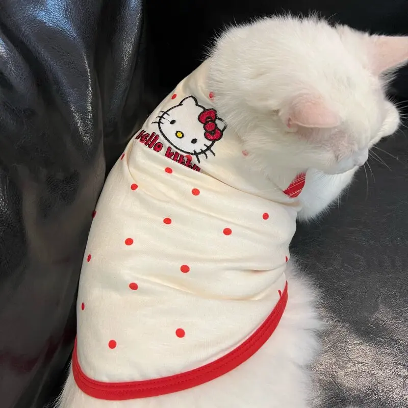 헬로키티 물방울무늬 탱크탑 (고양이, 소형견용), 자수 장식 통기성 털빠짐 방지 민소매 봄 여름 애완동물 셔츠
