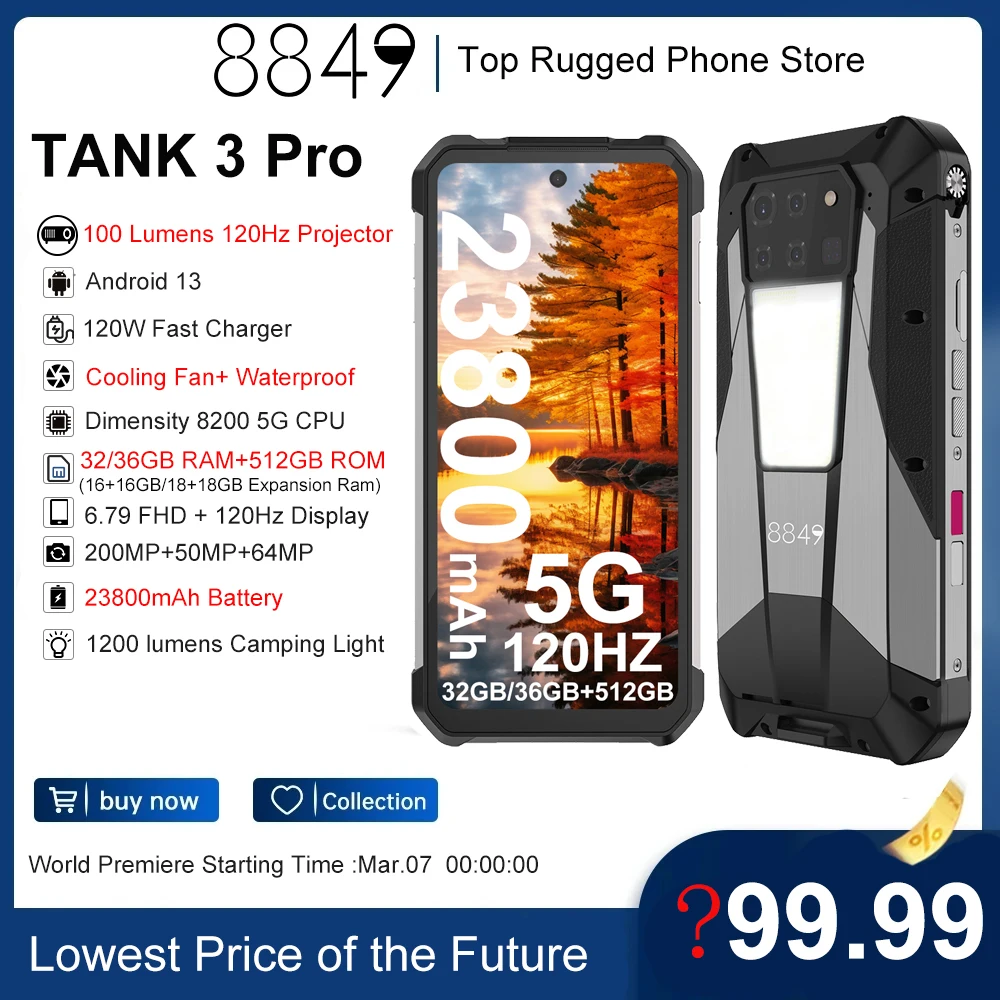 8849 Tank 3 Pro By Unihertz Con Proiettore 100 Lumen 120Hz, 32Gb/36Gb Di Ram,512Gb Di Rom, Caricabatterie Rapido 23800Mah 120W, Fotocamera 5G,200Mp
