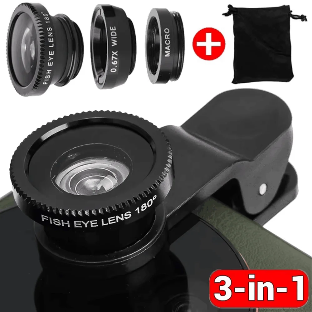 Universal 3-in-1 Fisheye and Wide Angle Smartphone Camera Lens Kit with Clip Attachment