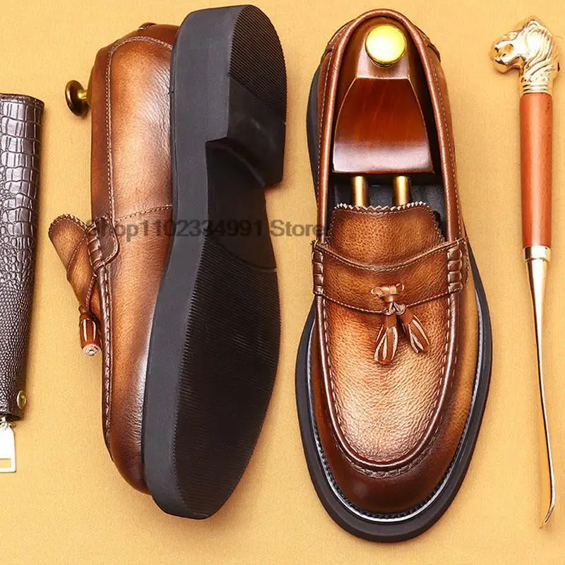 

Мужские мокасины ручной работы HNXC, обувь из натуральной кожи, на толстой подошве, классические деловые туфли в итальянском стиле