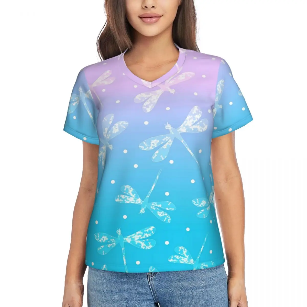 

Ombre Dragonfly T-Shirt Abstract Design Y2K Cute T Shirts Female V Neck Casual Tshirt 2024 Summer Short-Sleeve Graphic Clothes