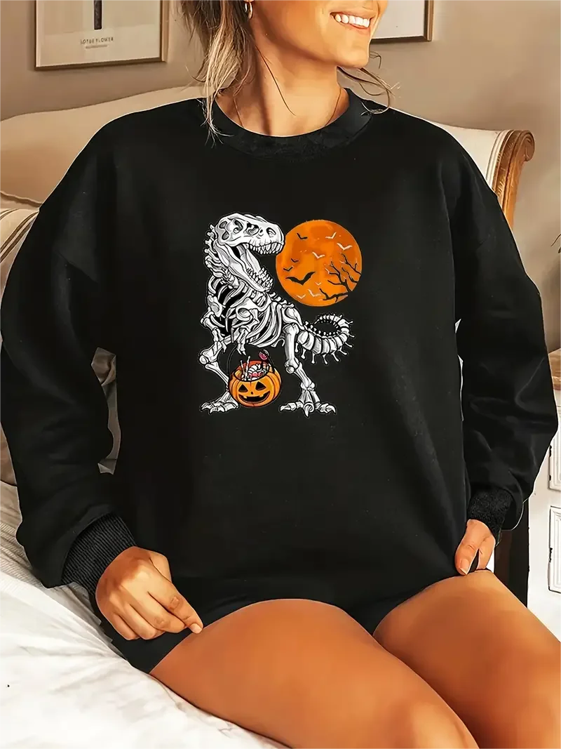 Women's Halloween Pumpkin Dinosaur Print Long Sleeve Round Neck Pullover Top, Plus Size Casual Sweatshirt