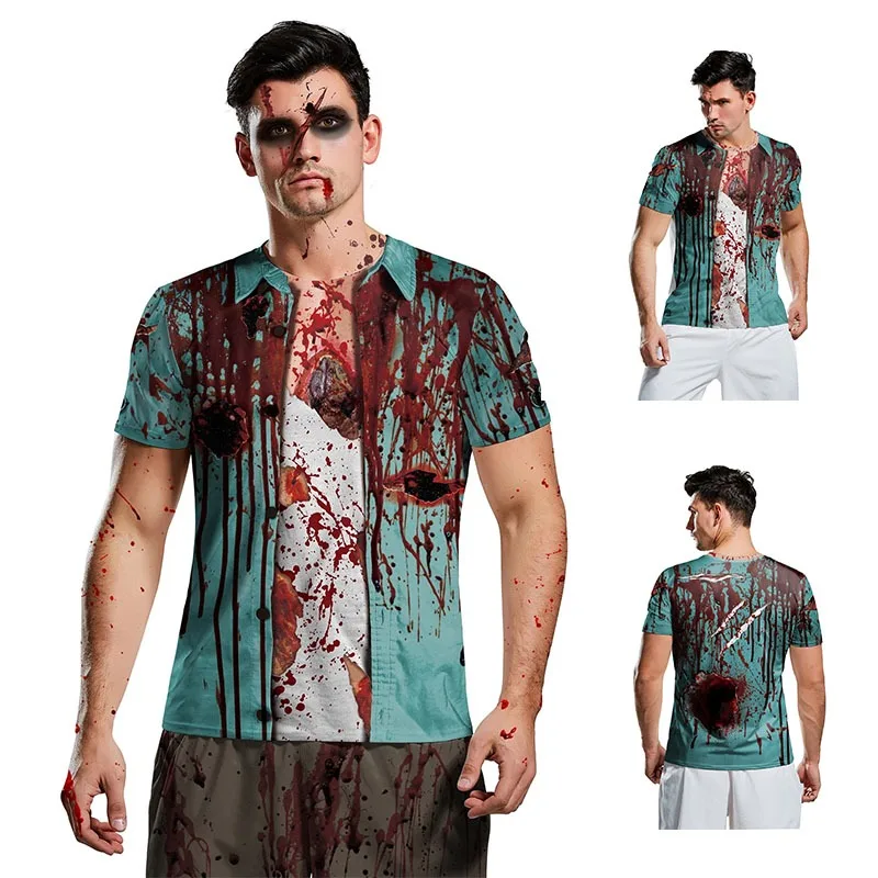 Halloween Costumes Horror Bloody Zombie Vampire Tops Shirt Carnival Adult Men 3D Print Scary Skeleton T Shirt Plus Size