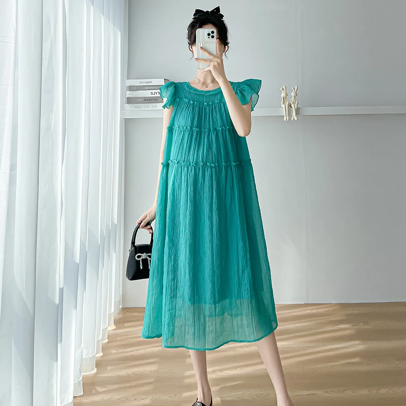 

2023 Summer O-Neck Flying Sleeve Ruffles Patchwork Pregnant Woman Chiffon Dress Light weight Maternity Pleated Dress with Lining