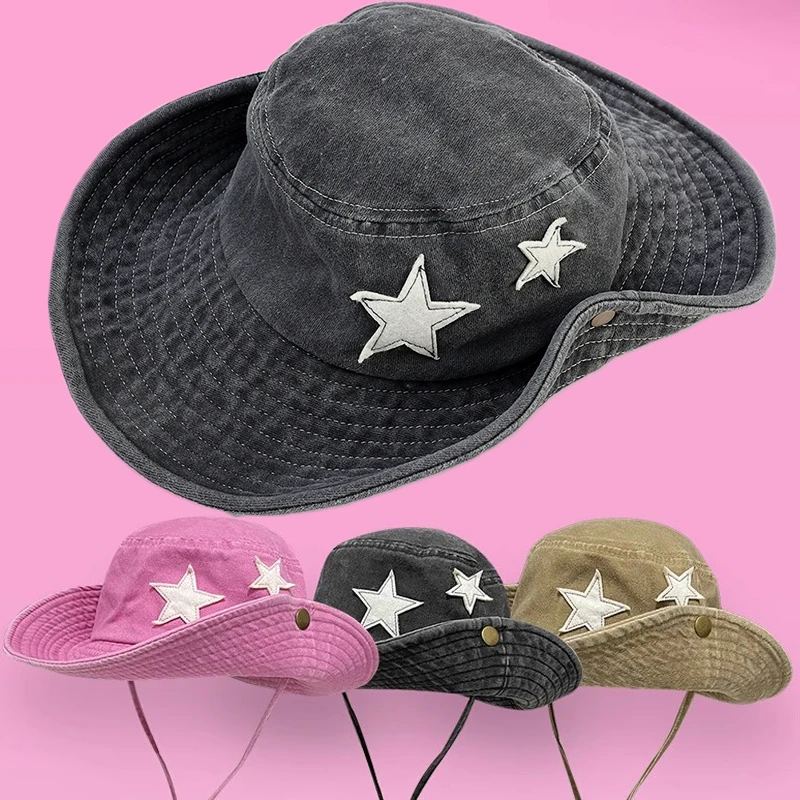 Y2K Punk Bucket Hats Women Pink Stars Retro Big Brim Sun Protection Mountaineering Cap Spring and Summer Outdoor Men's Hat