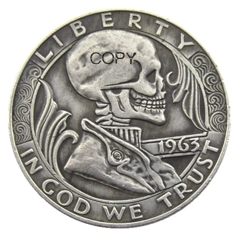 Fk(05) Hobo Creative 1963 Mf Silver Half Dollar Skull Zombie Skeleton Intagliato A Mano Copia Monete