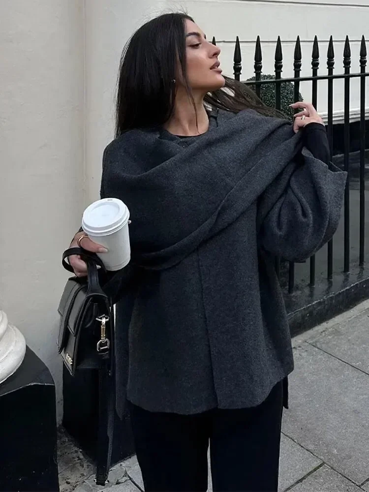 Solid Long Sleeved Short Coat With Scarf Women Loose Single Button Warm Jacket 2024 Autumn Winter Fashion Female Streetwear 6