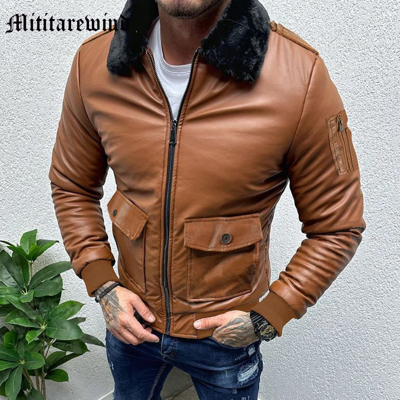 

Men's Autumn And Winter Pu Coats Warm Simple Slim Jackets Moto&Biker Style Clothing Zipper Porkets Hip Hop Fur Collar