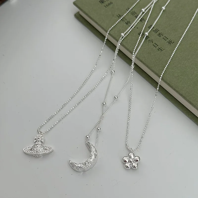 

Sterling Silver Moon Saturn Small Flower Necklace Ins Hot Vegetarian Silver Collarbone Chain Small Fresh Series Silver Jewelry
