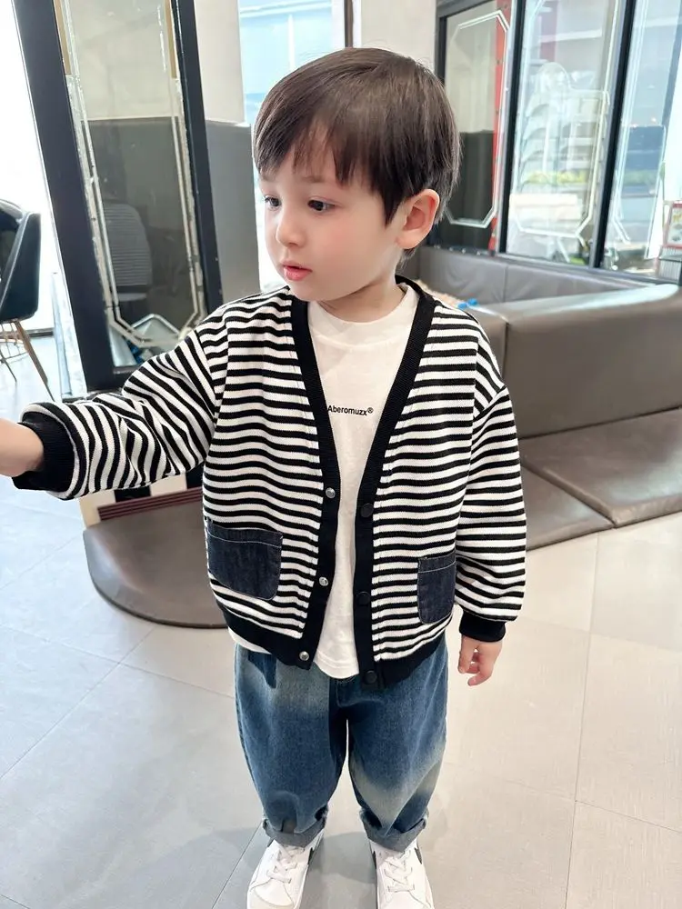 

Boys' Striped Style with Pockets Cardigan Jacket 2023 Spring Small and Medium Children's Tops