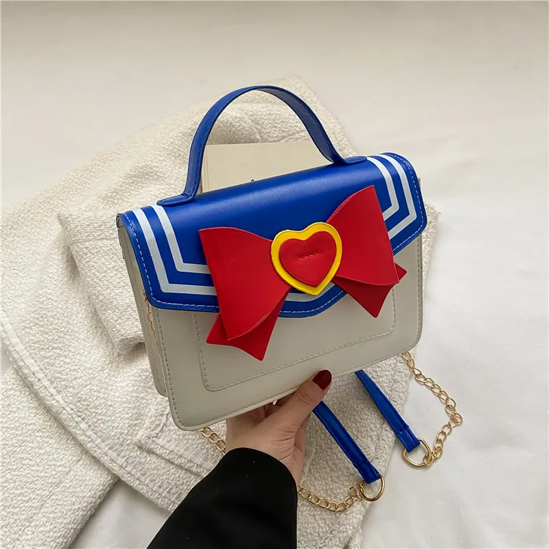 Chic Bow Synthetic Leather Crossbody Bag Kawaii Heart Small Tote Bag Mini Purse Chain Belt Shoulder Bag for Teen Girls Daily Use
