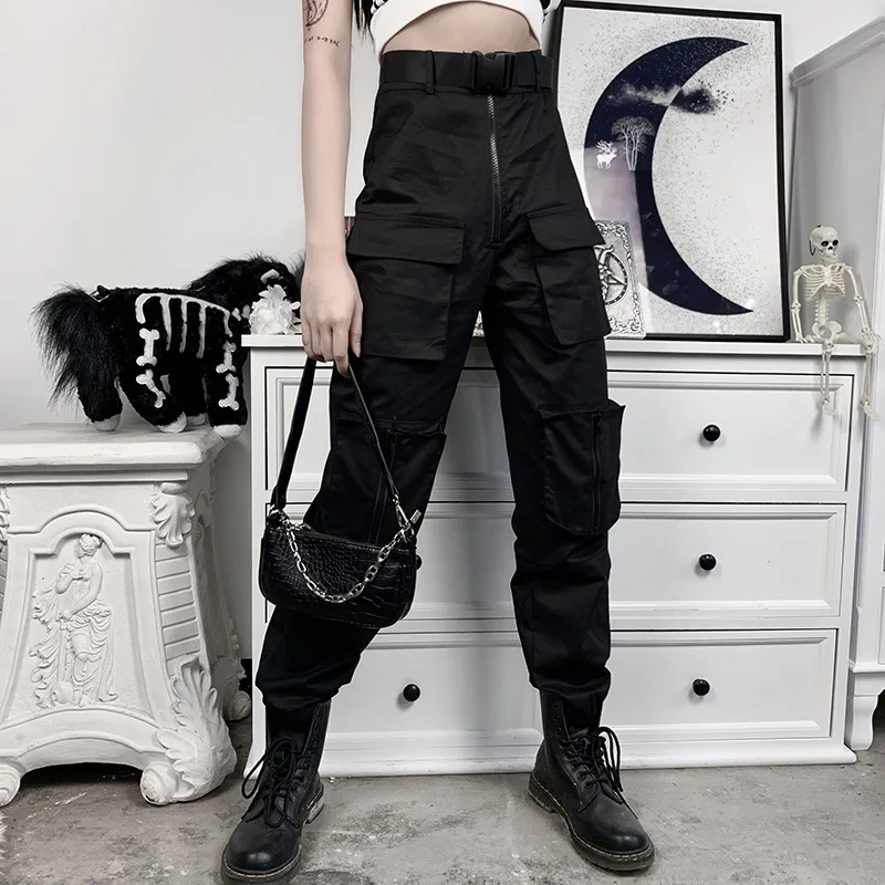 

Black cargo slacks high waist sports pants Streetwear Hip Hop Casual Overalls Trousers Cool Safari Style Joggers Ribbons Pants