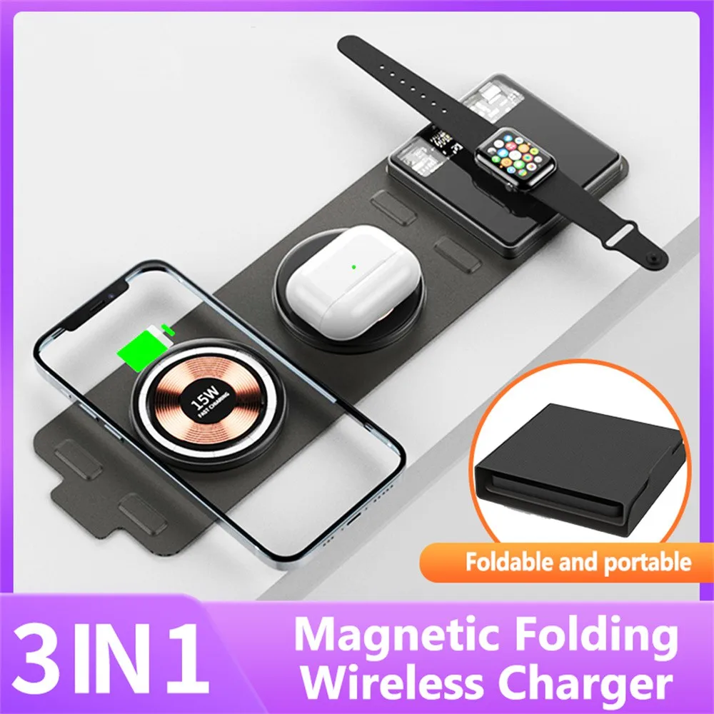 3 IN 1 Magnetic Folding Wireless Charger Station For iPhone 14 13 12 Pro Max Transparent Fast Charging For Apple Watch 7 Airpods