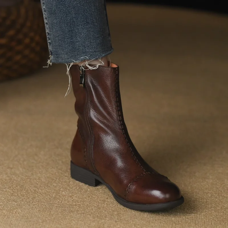 

Женские ботильоны, женская обувь, ботинки из воловьей кожи в британском стиле, модные ботинки с боковой молнией, круглым носком, ретро, весенняя обувь на каблуке 2,5 см