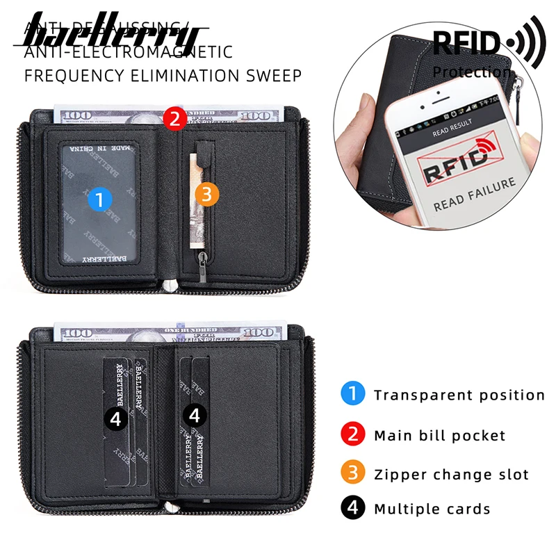 Baellerry RFID Simple Short Men Zipper Wallets Luxury Brand Card Holder Male Wallet Photo Holder Coin Pocket Man Purses 3