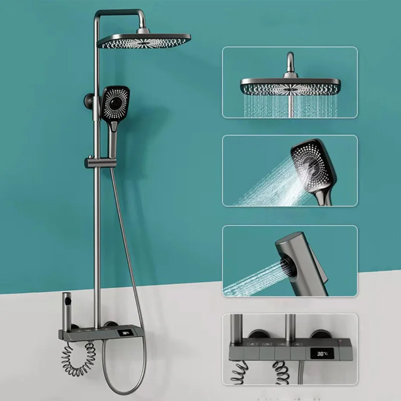 YCRAYS Grey Digital Display Thermostatic Shower Set Black Faucet Rainfall Bathtub Tap For Bathroom Accessories Hot Cold Mixer 5