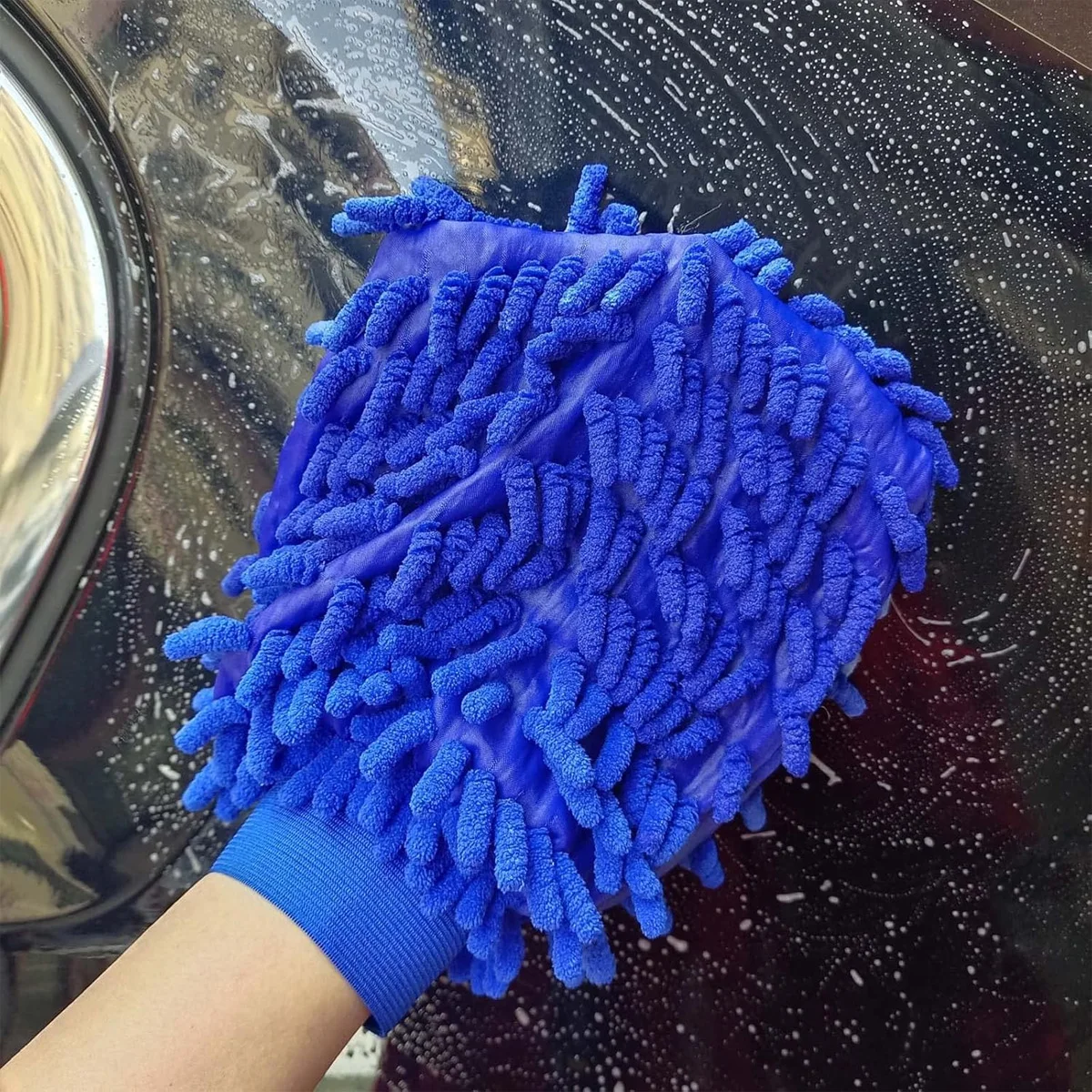 Household Car Windshield And Window Glass Cleaning Ultra-Fine Fiber Gloves Blue Chenille Car Wash Gloves Cleaning Supplies
