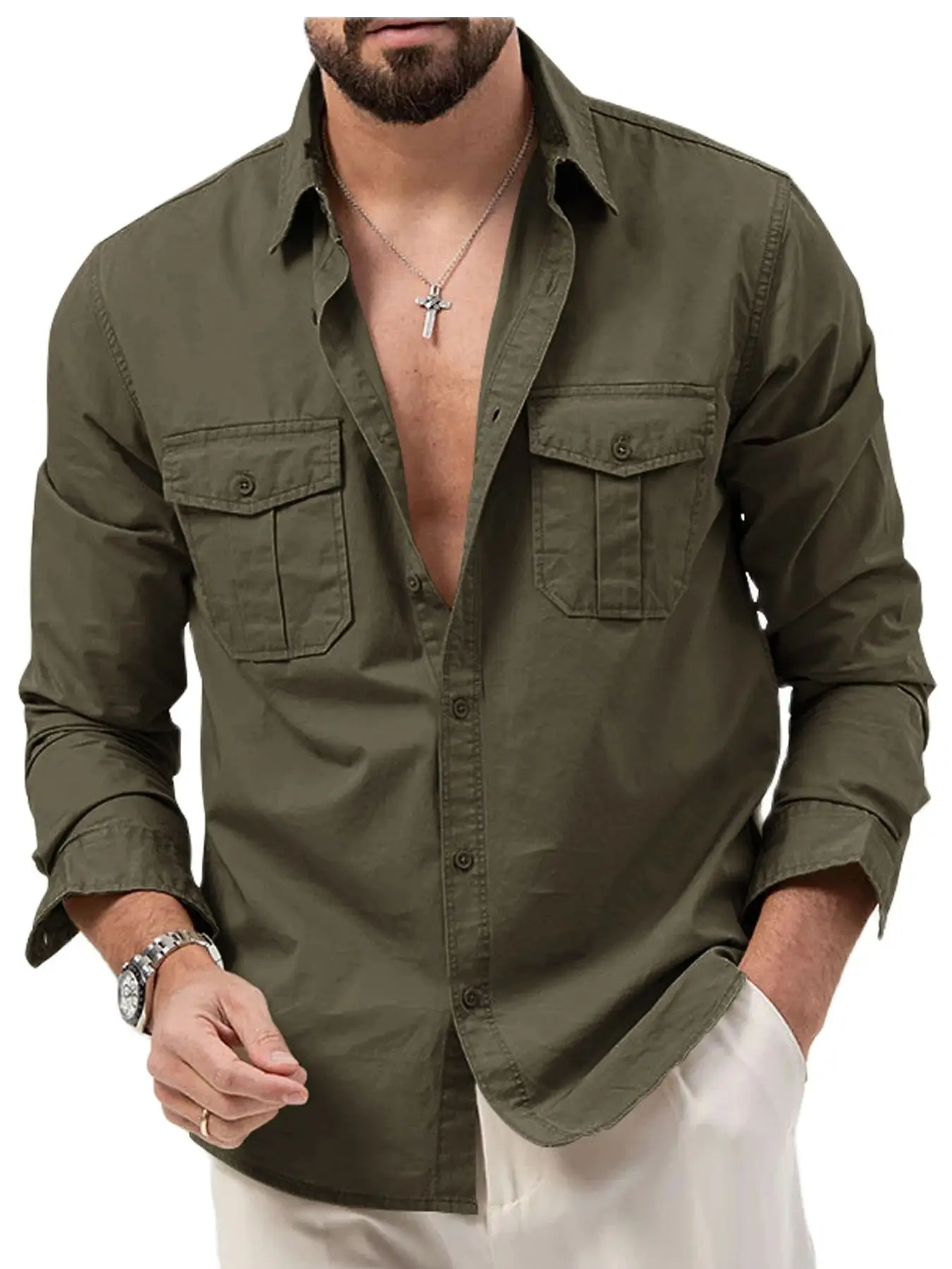 

Spring/Summer European and American Men's Shirts with Multiple Pockets, Casual Slim Fit, Long sleeved Workwear Top