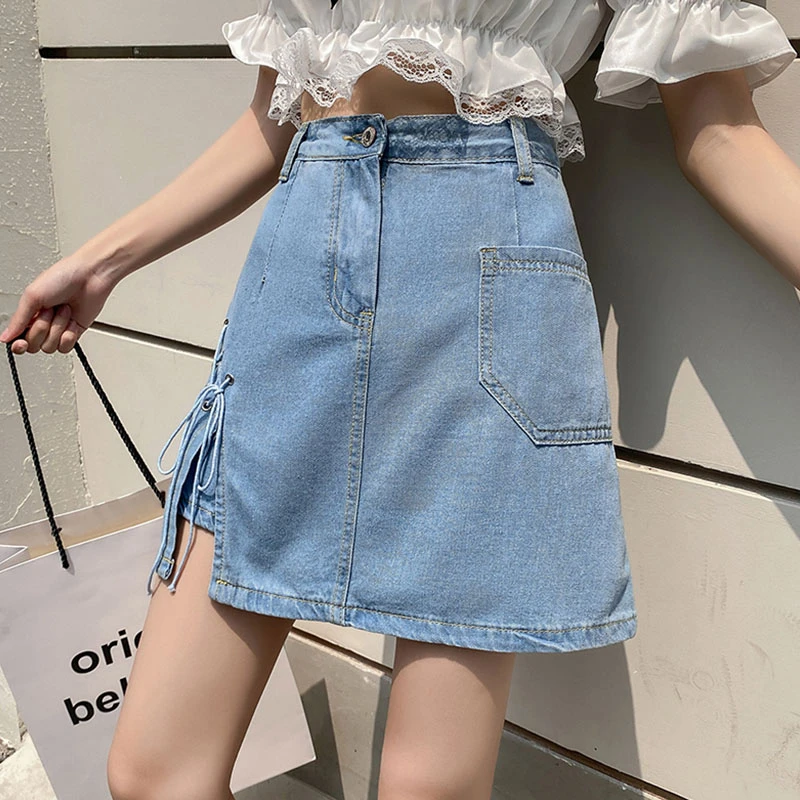 Ailegogo Summer Women Irregular Bandage Retro Blue Mini Denim Skirt Casual Female High Waist A-line Ladies Jeans Short Skirts maxi skirts for women