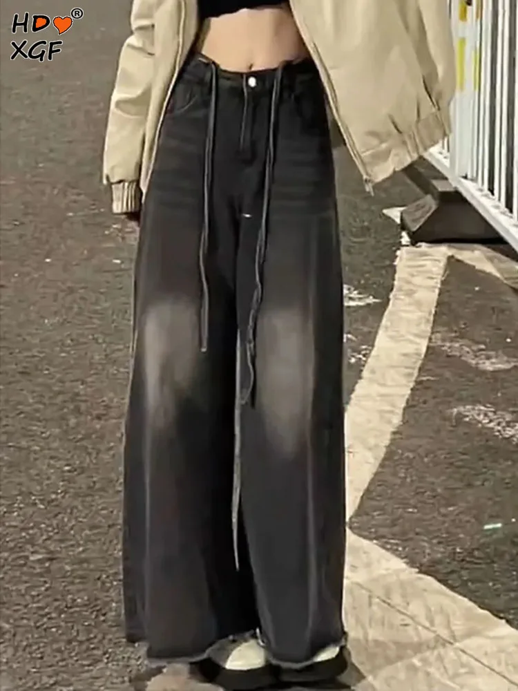 

Korean Fashion Black Tie-dye Do Old Wide Leg Jeans For Women Vintage Drawstring Button High Waist Trousers All-match Baggy Pants