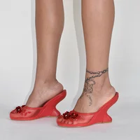 Femme sandales 2025 été mode Sexy évider Style étrange femme chaussures cristal fleur décoration talon haut dames pantoufles 6