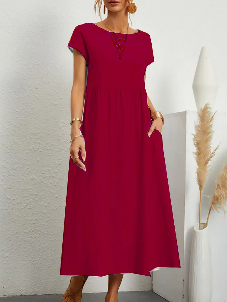 Women Dress Women Elegant Solid Dresses Summer Casual O Neck Short Sleeve Cotton Sundress Vintage Loose Pockets Y2K Long Dress Vestidos Robe