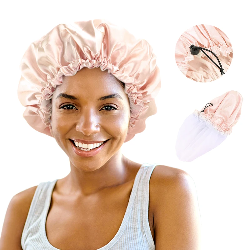 

Satin Adjustable Double-Deck Bonnets Flower Edge Elastic Solid Color Sleepcap Waterproof Shower Cap Simple Hair Care Beauty Hat