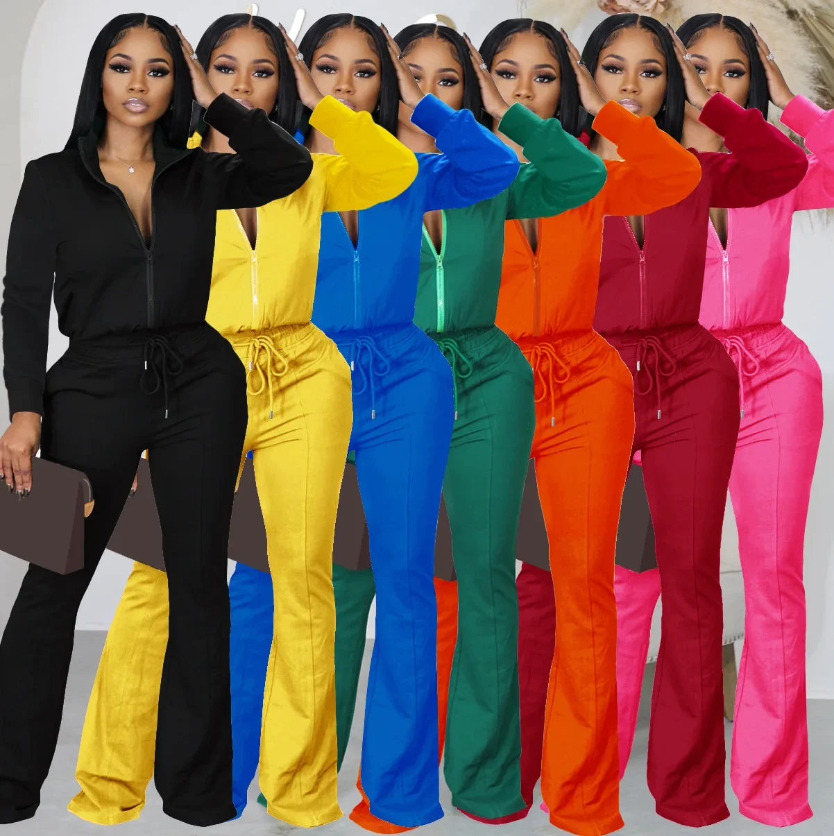

Women Pants Sets Two Piece Long Sleeve Round Neck Elastic Waist Flare Pants Solid Casual Slight Strech Zipper Cardigan