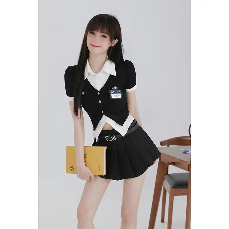 

College Style Korean Set Women's 2023 Summer New Irregular Spliced Shirt High Waist Slim Pleated Skirt Two Piece Outfits