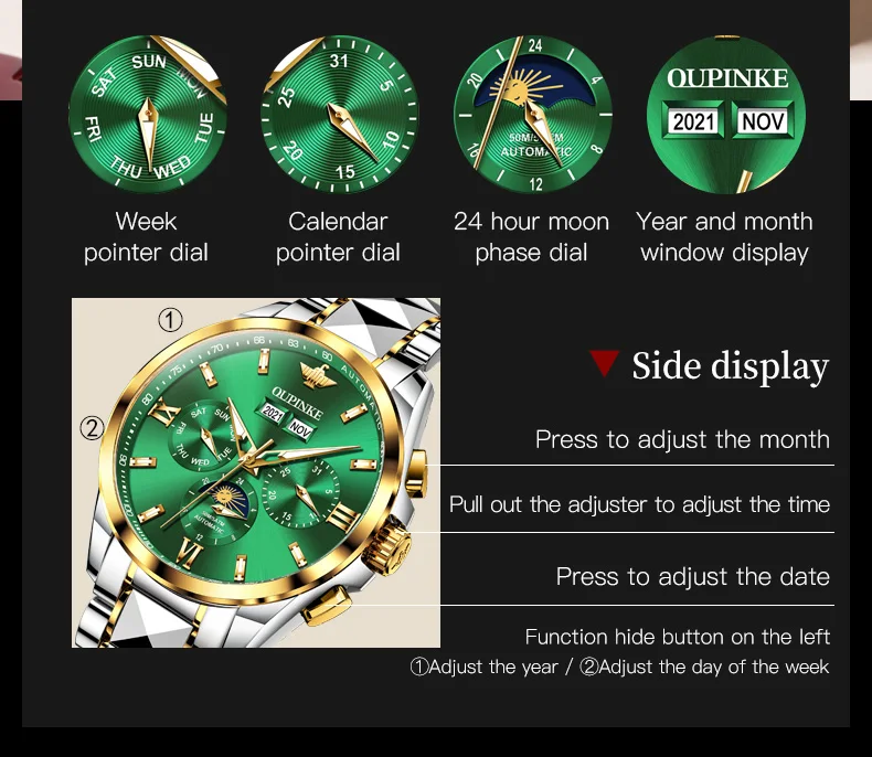 OUPINKE TOP Brand Automatic Watch for Men Moon Phase Sapphire Mirror Man Business Wristwatch Waterproof Chronograph Clock 3201