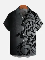 Black Gradient Mythical Beast Dragon Totem Printing Short Sleeve Shirt Short-sleeved Floral Shirt 2024 Casual Loose Shirt 1