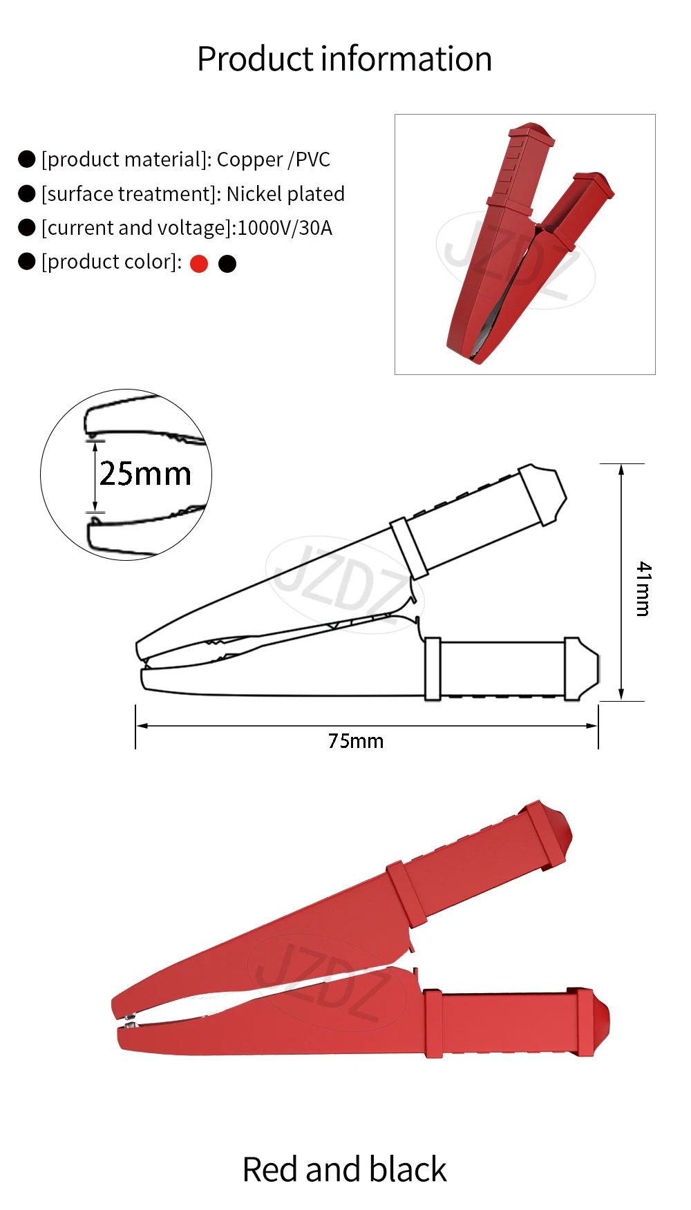 JZDZ 4 mm Isolierung Krokodilklemmen Metall Krokodilklemme für Drähte Testzubehör DIY Elektrowerkzeuge 30 A 1000 V J.60051 – Detail 1