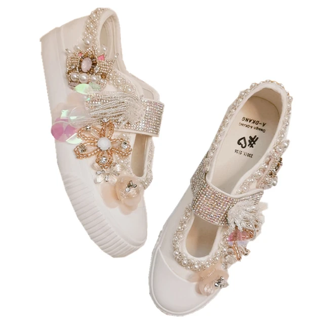 Gold and White Adult Tennis Shoes With Pearl's and Rhinestones Bling 