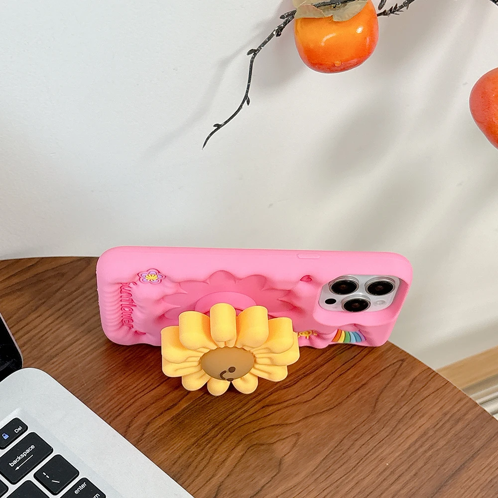 Cute Sunflower 3D Floral Shockproof Telescopic Bracket Phone Case with Stand Holder