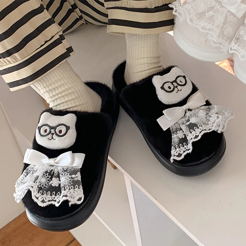 Fashion Lace Bowknot Fur Slippers Women Cartoon Bear Cute Women's Home Slippers Soft Sole Light Plush Living Room Shoes Woman